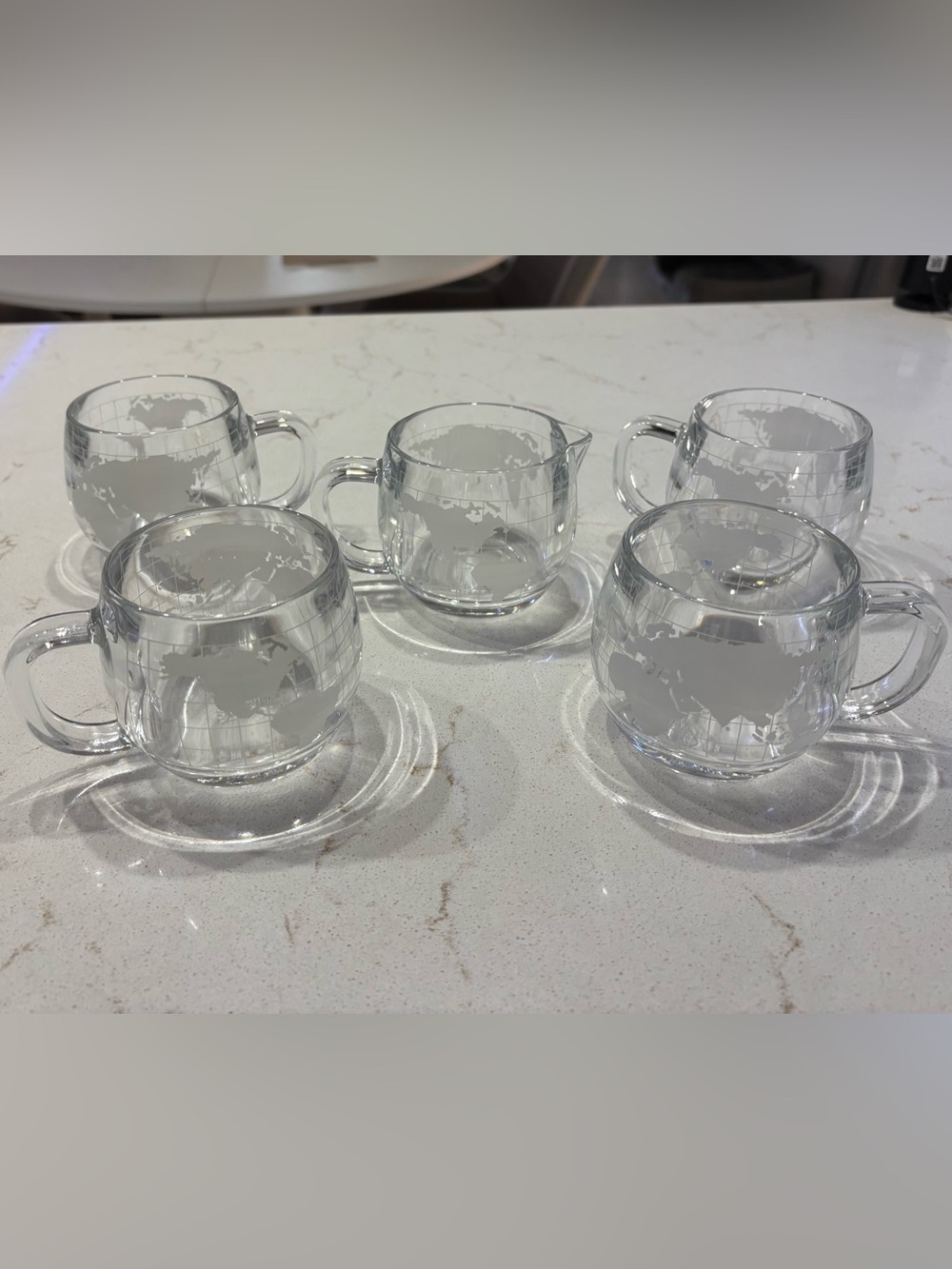 Vintage 1970s Nestle Nescafe Etched Glass World Globe 4 Mugs & Creamer Set